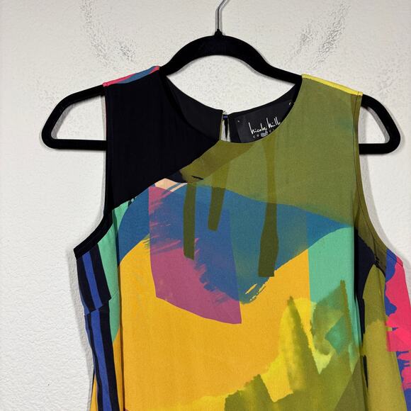 Nicole Miller Small Asymmetric Sheath Dress Black Yellow Silk Blend Abstract - Picture 4 of 9